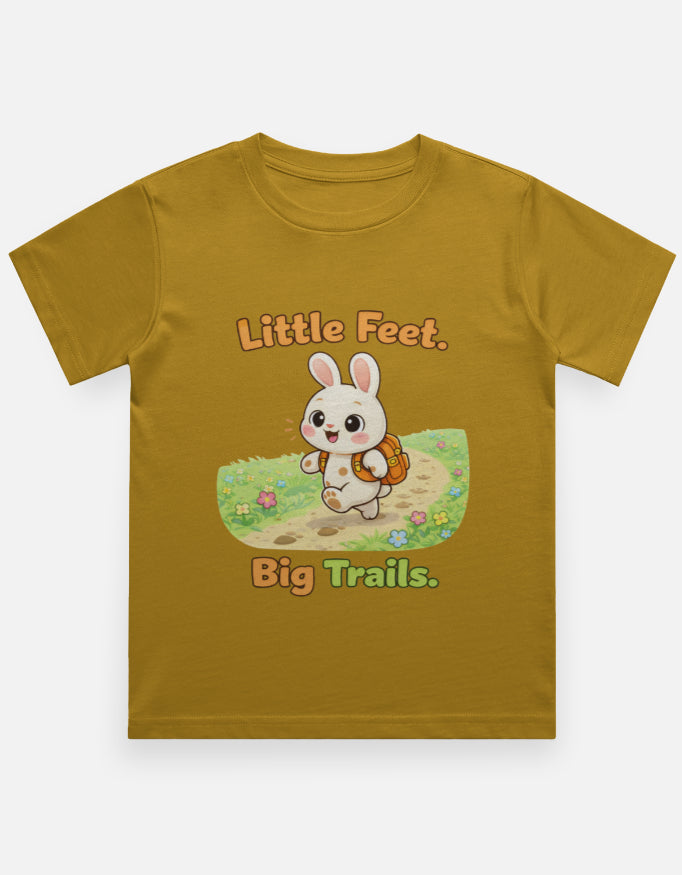 Little Feet Big Trails Kids Adventure Travel T Shirt Mustard Yellow Adventure Hiking Camping Camper Van Beach Cruise Vacation Road Trip Wildlife Safari Wanderlust Explorer Nature Lover Mountain Outdoor Adventure Travel Vacation Camping Campfire Graphic Quote T shirt