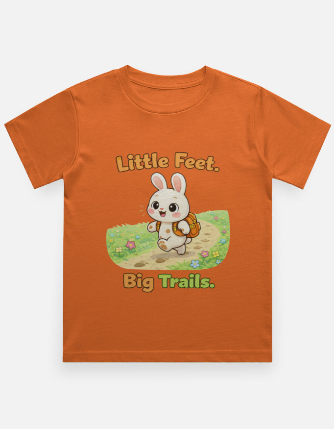 Little Feet Big Trails Kids Adventure Travel T Shirt Orange Adventure Hiking Camping Camper Van Beach Cruise Vacation Road Trip Wildlife Safari Wanderlust Explorer Nature Lover Mountain Outdoor Adventure Travel Vacation Camping Campfire Graphic Quote T shirt
