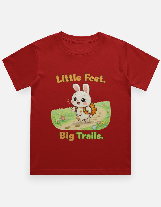 Little Feet Big Trails Kids Adventure Travel T Shirt Red Adventure Hiking Camping Camper Van Beach Cruise Vacation Road Trip Wildlife Safari Wanderlust Explorer Nature Lover Mountain Outdoor Adventure Travel Vacation Camping Campfire Graphic Quote T shirt