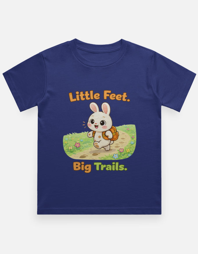 Little Feet Big Trails Kids Adventure Travel T Shirt Royal Blue Adventure Hiking Camping Camper Van Beach Cruise Vacation Road Trip Wildlife Safari Wanderlust Explorer Nature Lover Mountain Outdoor Adventure Travel Vacation Camping Campfire Graphic Quote T shirt