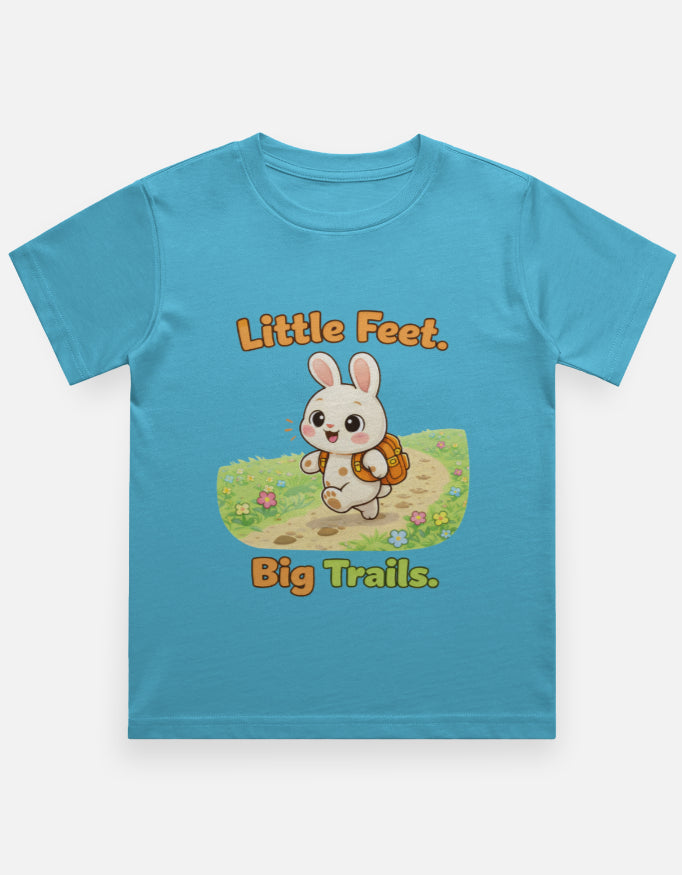 Little Feet Big Trails Kids Adventure Travel T Shirt Sky Blue Adventure Hiking Camping Camper Van Beach Cruise Vacation Road Trip Wildlife Safari Wanderlust Explorer Nature Lover Mountain Outdoor Adventure Travel Vacation Camping Campfire Graphic Quote T shirt