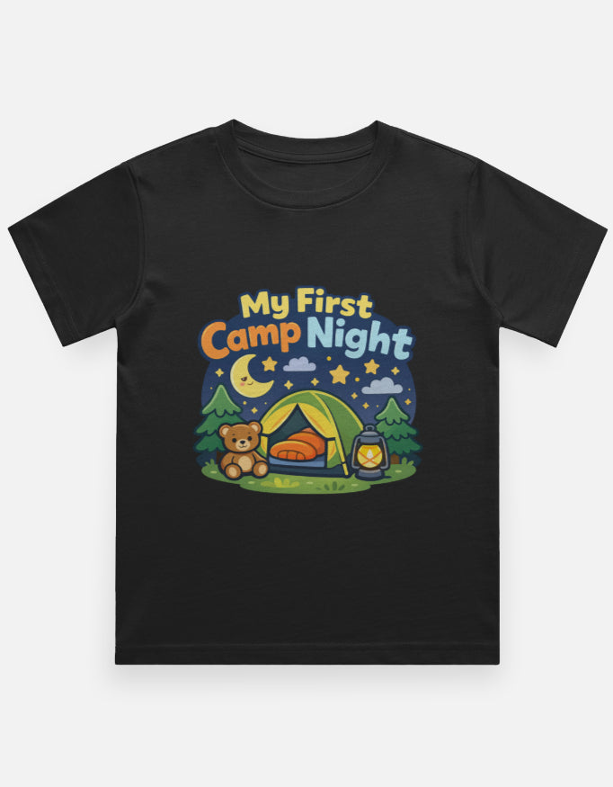 My First Camp Night Kids Camping Travel T Shirt Black Adventure Hiking Camping Camper Van Beach Cruise Vacation Road Trip Wildlife Safari Wanderlust Explorer Nature Lover Mountain Outdoor Adventure Travel Vacation Camping Campfire Graphic Quote T shirt