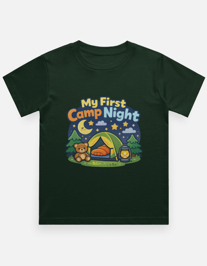 My First Camp Night Kids Camping Travel T Shirt Bottle Green Adventure Hiking Camping Camper Van Beach Cruise Vacation Road Trip Wildlife Safari Wanderlust Explorer Nature Lover Mountain Outdoor Adventure Travel Vacation Camping Campfire Graphic Quote T shirt