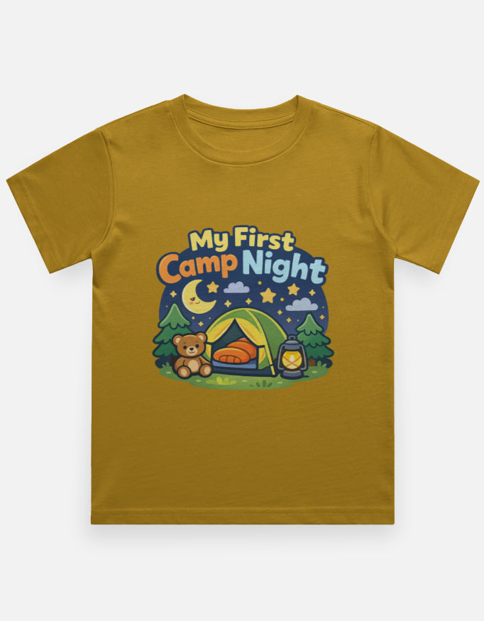 My First Camp Night Kids Camping Travel T Shirt Mustard Yellow Adventure Hiking Camping Camper Van Beach Cruise Vacation Road Trip Wildlife Safari Wanderlust Explorer Nature Lover Mountain Outdoor Adventure Travel Vacation Camping Campfire Graphic Quote T shirt