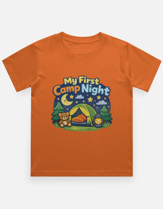 My First Camp Night Kids Camping Travel T Shirt Orange Adventure Hiking Camping Camper Van Beach Cruise Vacation Road Trip Wildlife Safari Wanderlust Explorer Nature Lover Mountain Outdoor Adventure Travel Vacation Camping Campfire Graphic Quote T shirt