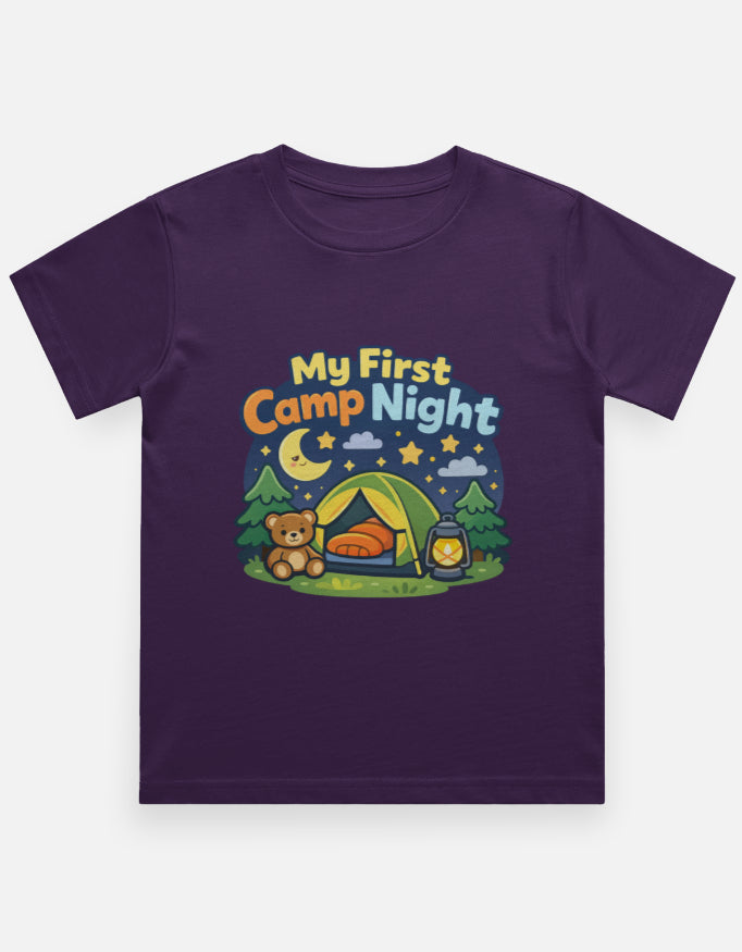 My First Camp Night Kids Camping Travel T Shirt Purple Adventure Hiking Camping Camper Van Beach Cruise Vacation Road Trip Wildlife Safari Wanderlust Explorer Nature Lover Mountain Outdoor Adventure Travel Vacation Camping Campfire Graphic Quote T shirt