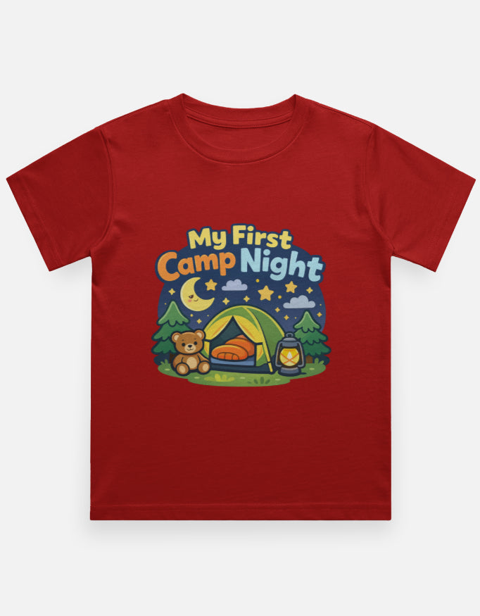 My First Camp Night Kids Camping Travel T Shirt Red Adventure Hiking Camping Camper Van Beach Cruise Vacation Road Trip Wildlife Safari Wanderlust Explorer Nature Lover Mountain Outdoor Adventure Travel Vacation Camping Campfire Graphic Quote T shirt