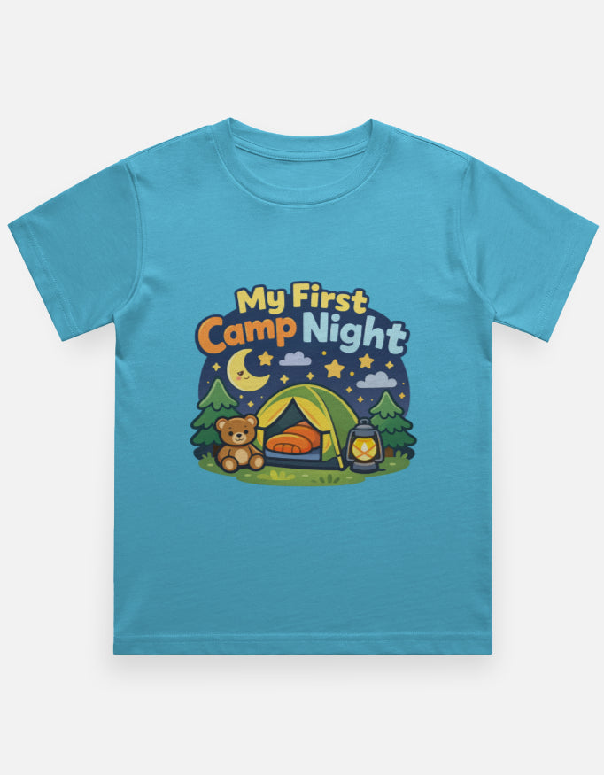 My First Camp Night Kids Camping Travel T Shirt Sky Blue Adventure Hiking Camping Camper Van Beach Cruise Vacation Road Trip Wildlife Safari Wanderlust Explorer Nature Lover Mountain Outdoor Adventure Travel Vacation Camping Campfire Graphic Quote T shirt