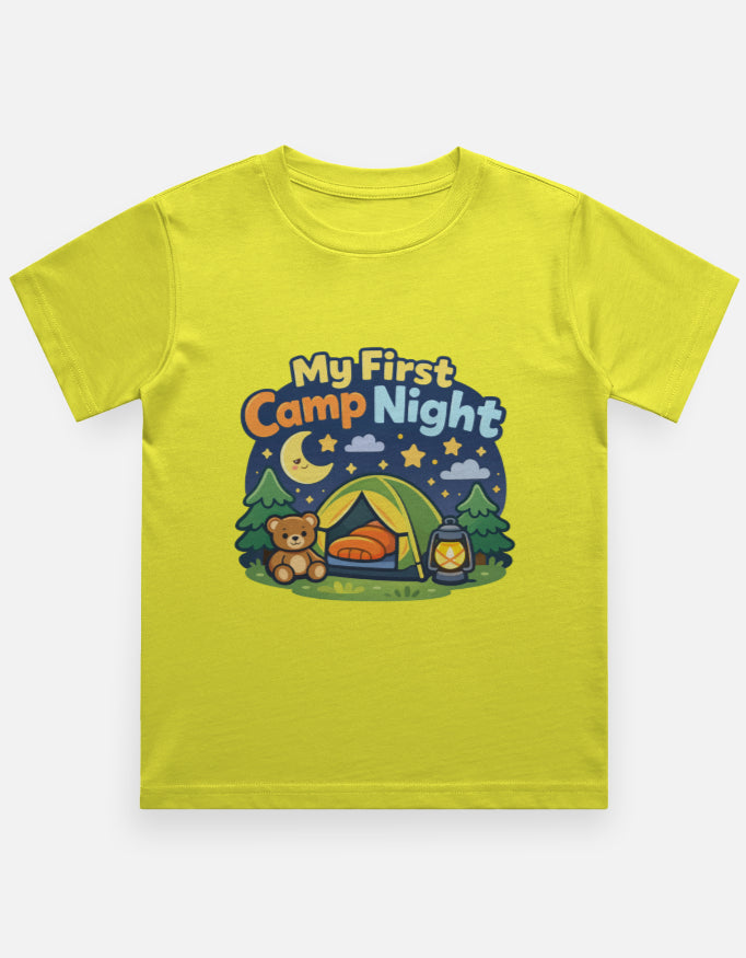 My First Camp Night Kids Camping Travel T Shirt Yellow Adventure Hiking Camping Camper Van Beach Cruise Vacation Road Trip Wildlife Safari Wanderlust Explorer Nature Lover Mountain Outdoor Adventure Travel Vacation Camping Campfire Graphic Quote T shirt
