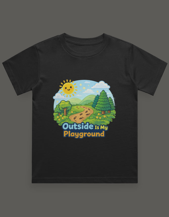 Outside Is My Playground Kids Adventure Travel T Shirt Black Adventure Hiking Camping Camper Van Beach Cruise Vacation Road Trip Wildlife Safari Wanderlust Explorer Nature Lover Mountain Outdoor Adventure Travel Vacation Camping Campfire Graphic Quote T shirt