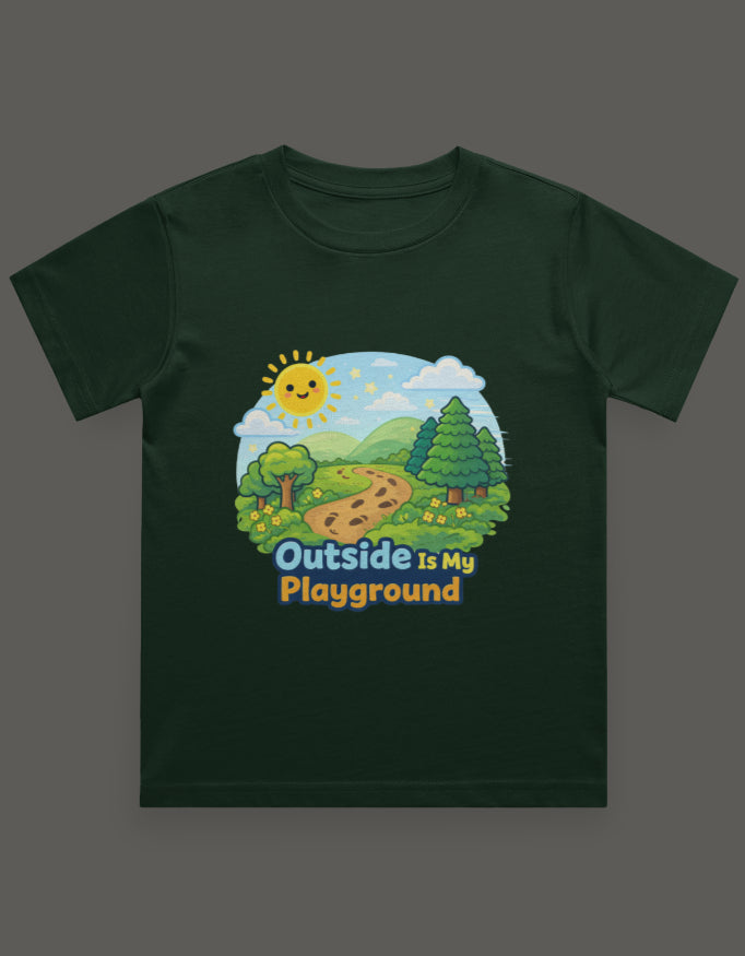 Outside Is My Playground Kids Adventure Travel T Shirt Bottle Green Adventure Hiking Camping Camper Van Beach Cruise Vacation Road Trip Wildlife Safari Wanderlust Explorer Nature Lover Mountain Outdoor Adventure Travel Vacation Camping Campfire Graphic Quote T shirt