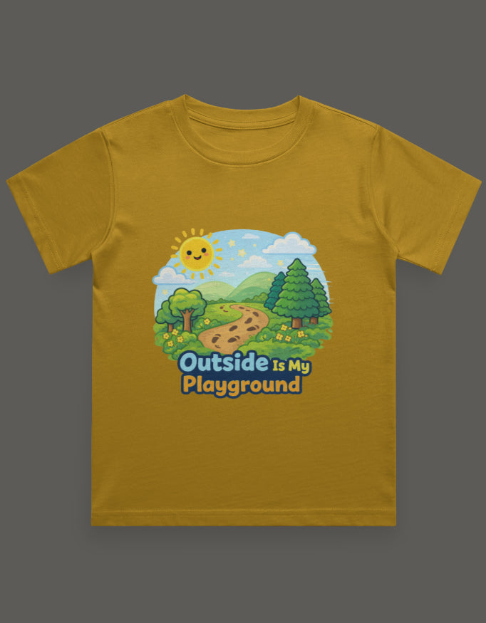 Outside Is My Playground Kids Adventure Travel T Shirt Mustard Yellow Adventure Hiking Camping Camper Van Beach Cruise Vacation Road Trip Wildlife Safari Wanderlust Explorer Nature Lover Mountain Outdoor Adventure Travel Vacation Camping Campfire Graphic Quote T shirt