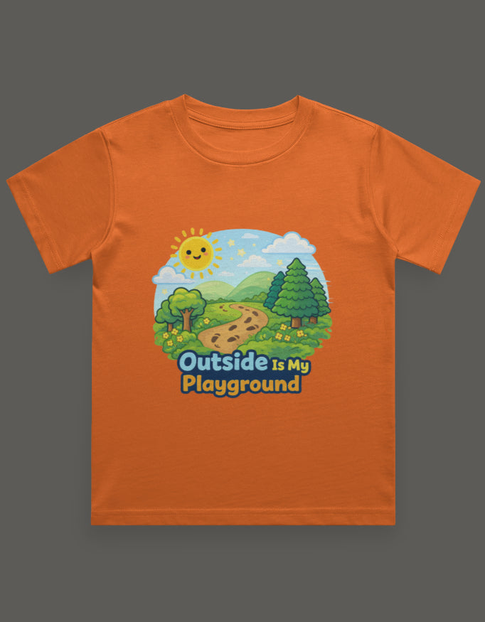 Outside Is My Playground Kids Adventure Travel T Shirt Orange Adventure Hiking Camping Camper Van Beach Cruise Vacation Road Trip Wildlife Safari Wanderlust Explorer Nature Lover Mountain Outdoor Adventure Travel Vacation Camping Campfire Graphic Quote T shirt
