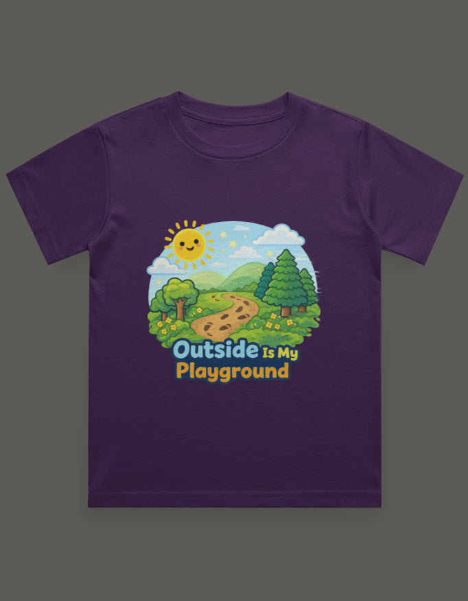 Outside Is My Playground Kids Adventure Travel T Shirt Purple Adventure Hiking Camping Camper Van Beach Cruise Vacation Road Trip Wildlife Safari Wanderlust Explorer Nature Lover Mountain Outdoor Adventure Travel Vacation Camping Campfire Graphic Quote T shirt