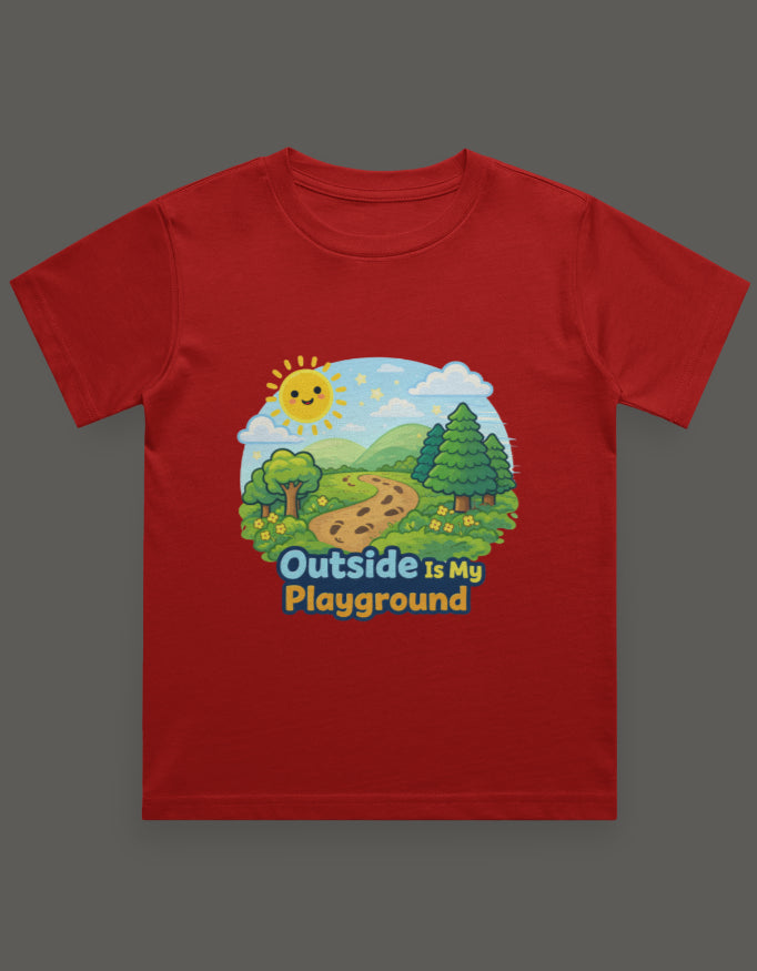 Outside Is My Playground Kids Adventure Travel T Shirt Red Adventure Hiking Camping Camper Van Beach Cruise Vacation Road Trip Wildlife Safari Wanderlust Explorer Nature Lover Mountain Outdoor Adventure Travel Vacation Camping Campfire Graphic Quote T shirt