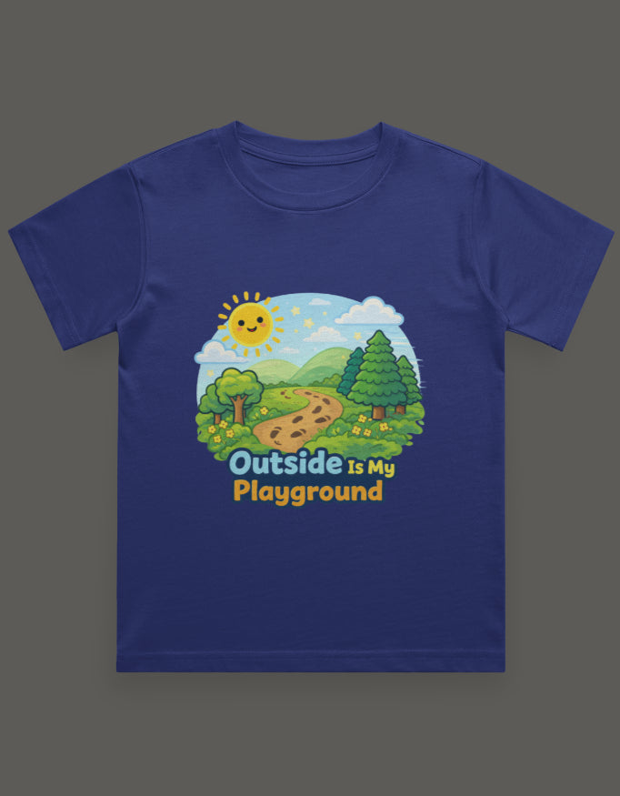 Outside Is My Playground Kids Adventure Travel T Shirt Royal Blue Adventure Hiking Camping Camper Van Beach Cruise Vacation Road Trip Wildlife Safari Wanderlust Explorer Nature Lover Mountain Outdoor Adventure Travel Vacation Camping Campfire Graphic Quote T shirt