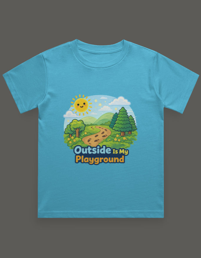 Outside Is My Playground Kids Adventure Travel T Shirt Sky Blue Adventure Hiking Camping Camper Van Beach Cruise Vacation Road Trip Wildlife Safari Wanderlust Explorer Nature Lover Mountain Outdoor Adventure Travel Vacation Camping Campfire Graphic Quote T shirt