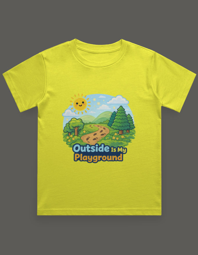 Outside Is My Playground Kids Adventure Travel T Shirt Yellow Adventure Hiking Camping Camper Van Beach Cruise Vacation Road Trip Wildlife Safari Wanderlust Explorer Nature Lover Mountain Outdoor Adventure Travel Vacation Camping Campfire Graphic Quote T shirt
