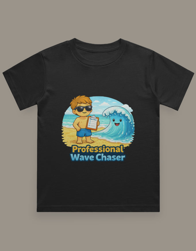 Professional Wave Chaser - Boy Kids Beach Travel T Shirt Black Adventure Hiking Camping Camper Van Beach Cruise Vacation Road Trip Wildlife Safari Wanderlust Explorer Nature Lover Mountain Outdoor Adventure Travel Vacation Camping Campfire Graphic Quote T shirt