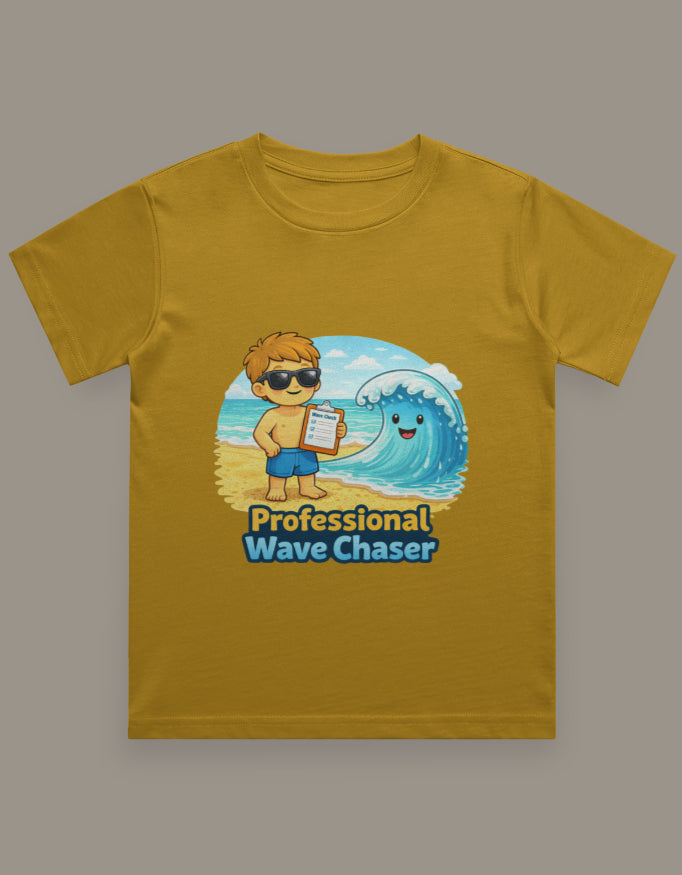 Professional Wave Chaser - Boy Kids Beach Travel T Shirt Mustard Yellow Adventure Hiking Camping Camper Van Beach Cruise Vacation Road Trip Wildlife Safari Wanderlust Explorer Nature Lover Mountain Outdoor Adventure Travel Vacation Camping Campfire Graphic Quote T shirt