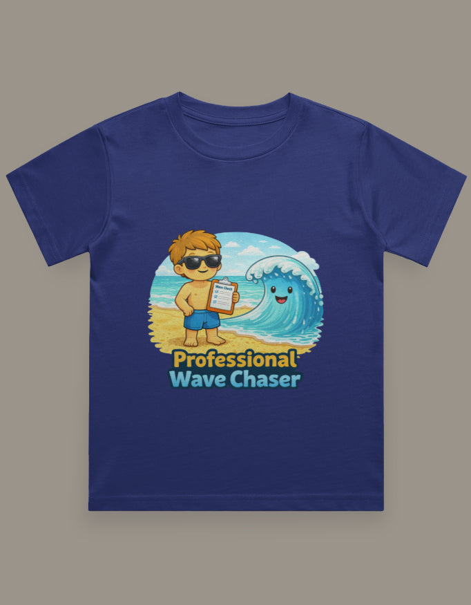 Professional Wave Chaser - Boy Kids Beach Travel T Shirt Royal Blue Adventure Hiking Camping Camper Van Beach Cruise Vacation Road Trip Wildlife Safari Wanderlust Explorer Nature Lover Mountain Outdoor Adventure Travel Vacation Camping Campfire Graphic Quote T shirt