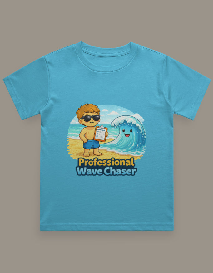 Professional Wave Chaser - Boy Kids Beach Travel T Shirt Sky Blue Adventure Hiking Camping Camper Van Beach Cruise Vacation Road Trip Wildlife Safari Wanderlust Explorer Nature Lover Mountain Outdoor Adventure Travel Vacation Camping Campfire Graphic Quote T shirt