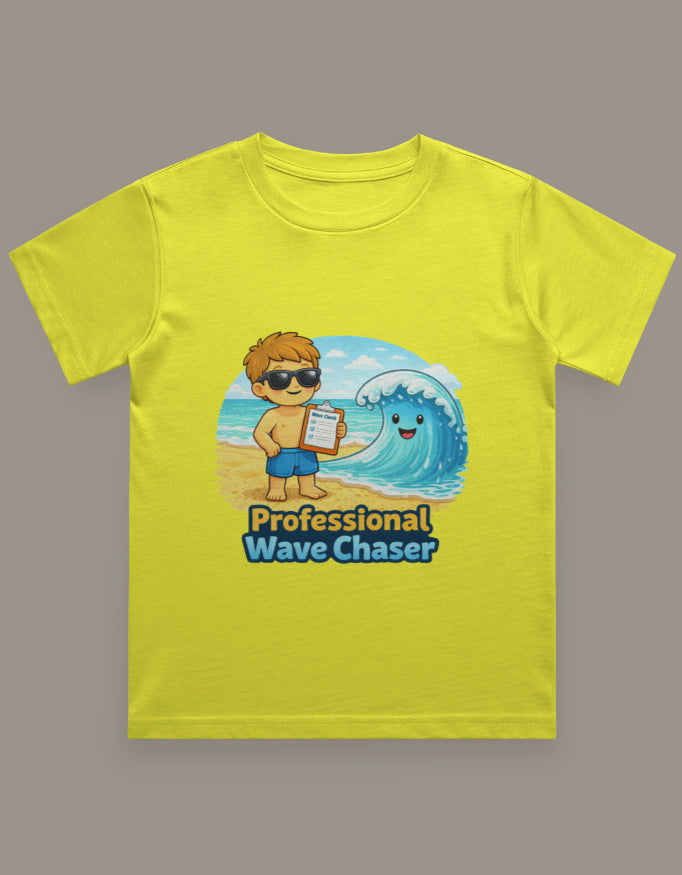 Professional Wave Chaser - Boy Kids Beach Travel T Shirt Yellow Adventure Hiking Camping Camper Van Beach Cruise Vacation Road Trip Wildlife Safari Wanderlust Explorer Nature Lover Mountain Outdoor Adventure Travel Vacation Camping Campfire Graphic Quote T shirt