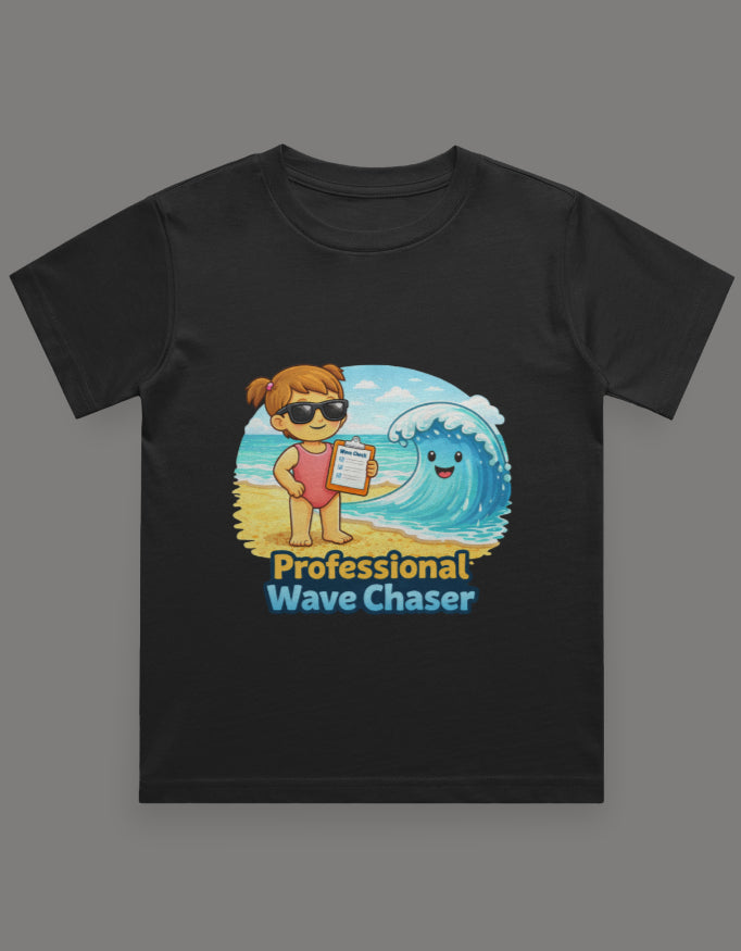 Professional Wave Chaser - Girl Kids Beach Travel T Shirt Black Adventure Hiking Camping Camper Van Beach Cruise Vacation Road Trip Wildlife Safari Wanderlust Explorer Nature Lover Mountain Outdoor Adventure Travel Vacation Camping Campfire Graphic Quote T shirt