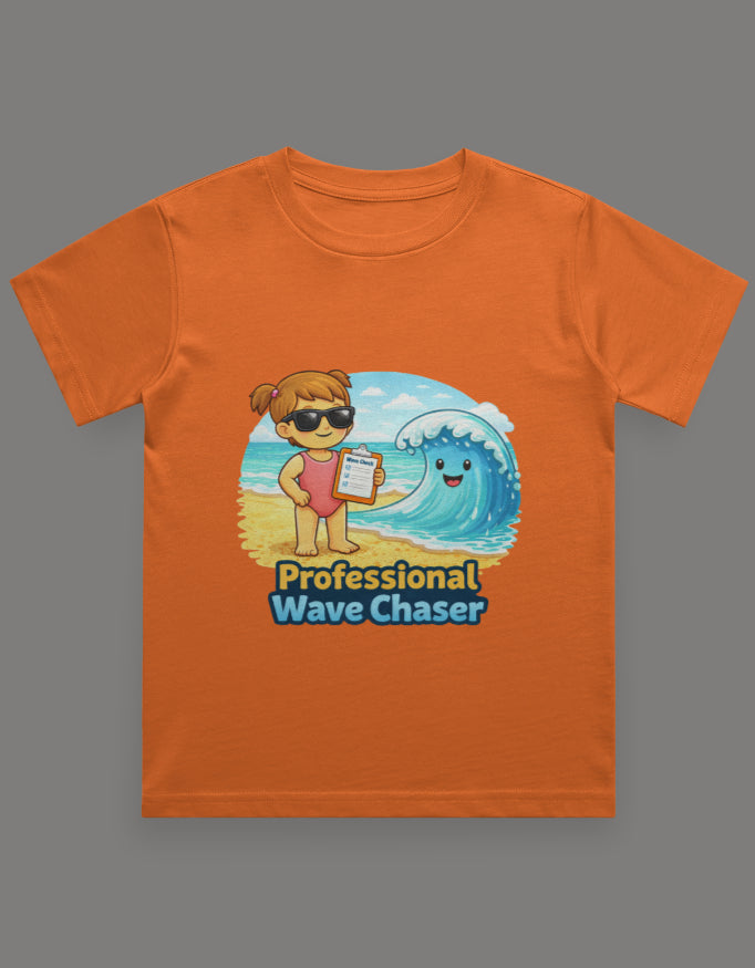 Professional Wave Chaser - Girl Kids Beach Travel T Shirt Orange Adventure Hiking Camping Camper Van Beach Cruise Vacation Road Trip Wildlife Safari Wanderlust Explorer Nature Lover Mountain Outdoor Adventure Travel Vacation Camping Campfire Graphic Quote T shirt