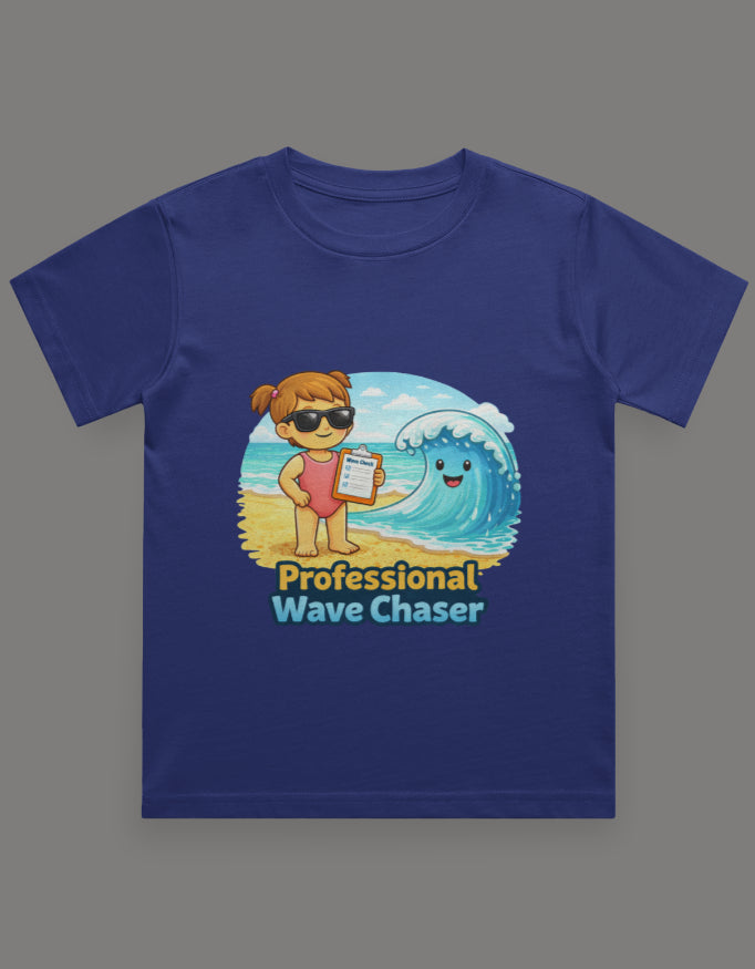 Professional Wave Chaser - Girl Kids Beach Travel T Shirt Royal Blue Adventure Hiking Camping Camper Van Beach Cruise Vacation Road Trip Wildlife Safari Wanderlust Explorer Nature Lover Mountain Outdoor Adventure Travel Vacation Camping Campfire Graphic Quote T shirt