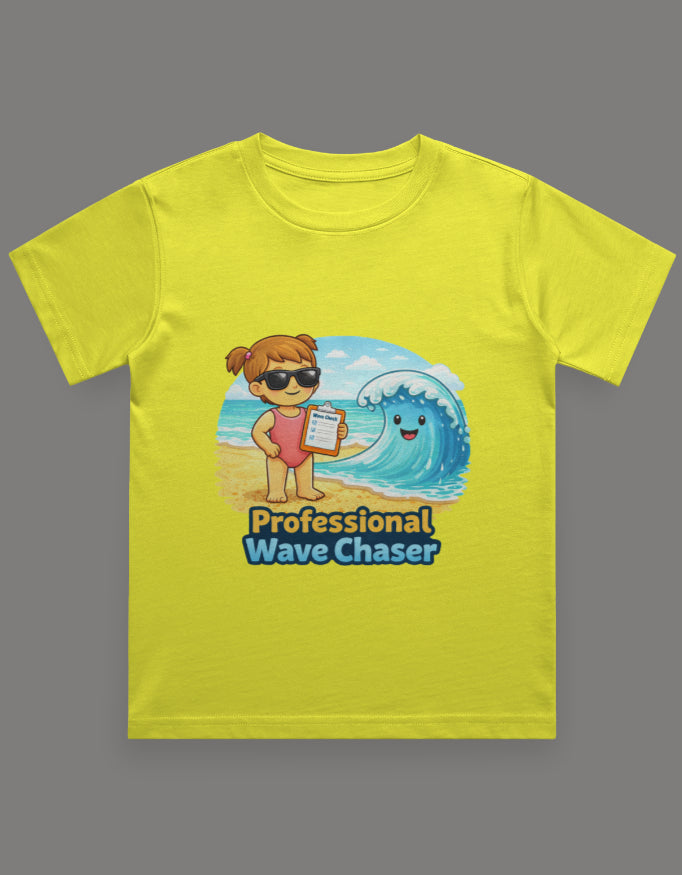 Professional Wave Chaser - Girl Kids Beach Travel T Shirt Yellow Adventure Hiking Camping Camper Van Beach Cruise Vacation Road Trip Wildlife Safari Wanderlust Explorer Nature Lover Mountain Outdoor Adventure Travel Vacation Camping Campfire Graphic Quote T shirt