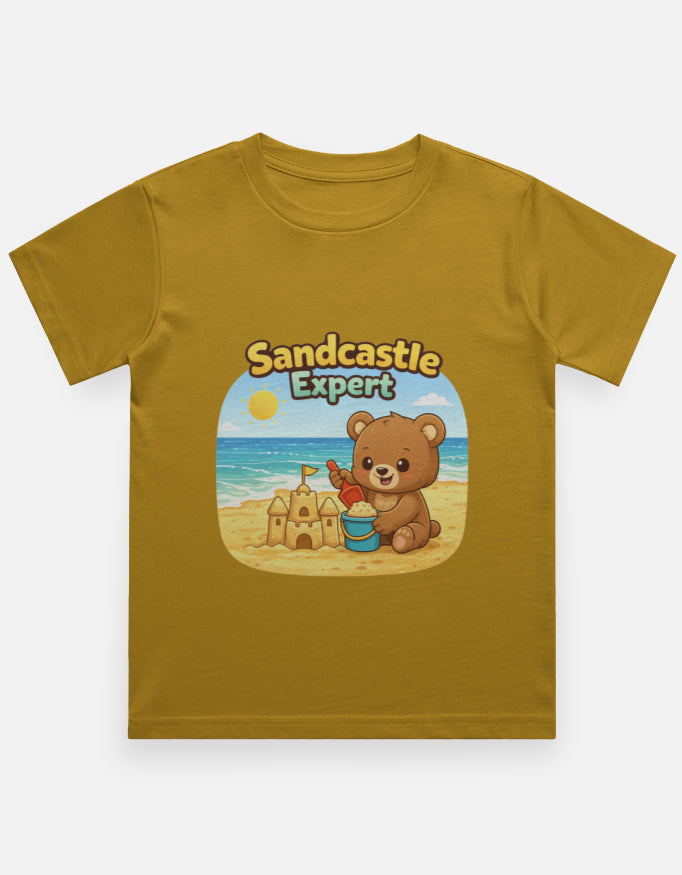 Sandcastle Expert Kids Beach Travel T Shirt Mustard Yellow Adventure Hiking Camping Camper Van Beach Cruise Vacation Road Trip Wildlife Safari Wanderlust Explorer Nature Lover Mountain Outdoor Adventure Travel Vacation Camping Campfire Graphic Quote T shirt