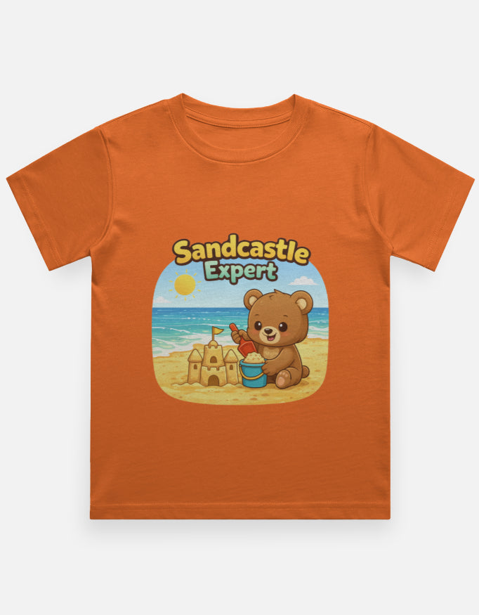 Sandcastle Expert Kids Beach Travel T Shirt Orange Adventure Hiking Camping Camper Van Beach Cruise Vacation Road Trip Wildlife Safari Wanderlust Explorer Nature Lover Mountain Outdoor Adventure Travel Vacation Camping Campfire Graphic Quote T shirt