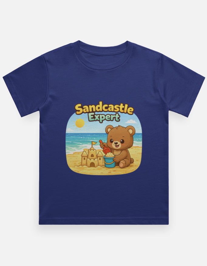 Sandcastle Expert Kids Beach Travel T Shirt Royal Blue Adventure Hiking Camping Camper Van Beach Cruise Vacation Road Trip Wildlife Safari Wanderlust Explorer Nature Lover Mountain Outdoor Adventure Travel Vacation Camping Campfire Graphic Quote T shirt