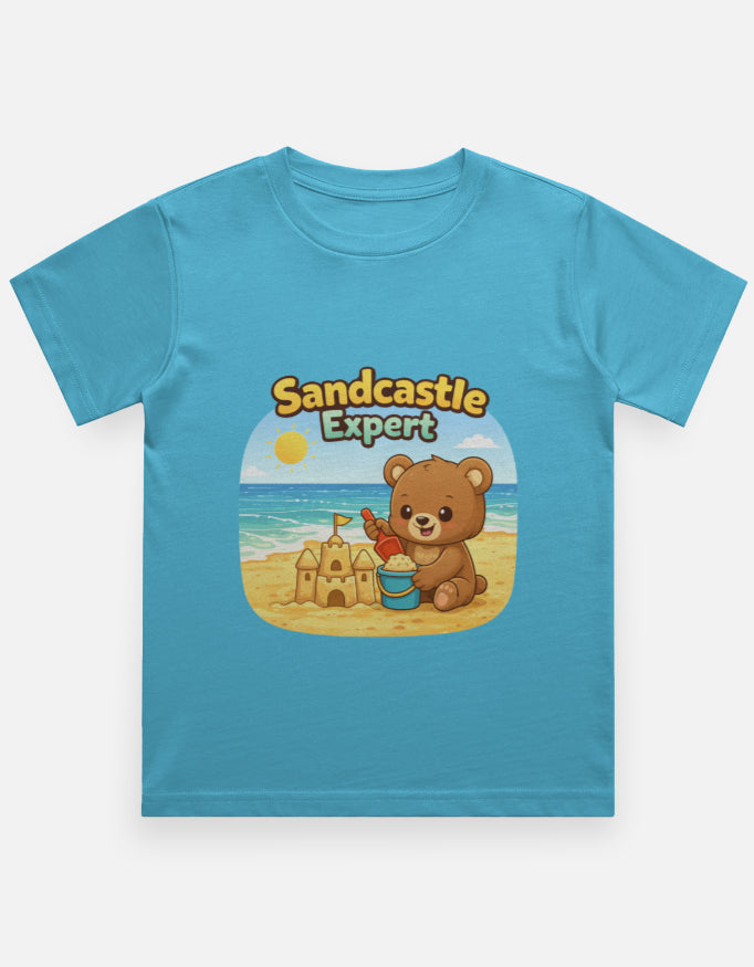 Sandcastle Expert Kids Beach Travel T Shirt Sky Blue Adventure Hiking Camping Camper Van Beach Cruise Vacation Road Trip Wildlife Safari Wanderlust Explorer Nature Lover Mountain Outdoor Adventure Travel Vacation Camping Campfire Graphic Quote T shirt