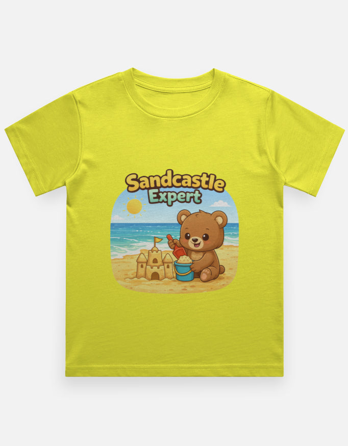 Sandcastle Expert Kids Beach Travel T Shirt Yellow Adventure Hiking Camping Camper Van Beach Cruise Vacation Road Trip Wildlife Safari Wanderlust Explorer Nature Lover Mountain Outdoor Adventure Travel Vacation Camping Campfire Graphic Quote T shirt