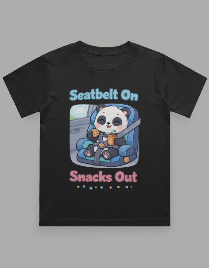 Seatbelt On Snacks Out Kids Roadtrip Travel T Shirt Black Adventure Hiking Camping Camper Van Beach Cruise Vacation Road Trip Wildlife Safari Wanderlust Explorer Nature Lover Mountain Outdoor Adventure Travel Vacation Camping Campfire Graphic Quote T shirt