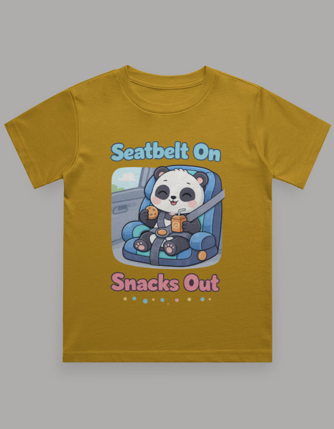 Seatbelt On Snacks Out Kids Roadtrip Travel T Shirt Mustard Yellow Adventure Hiking Camping Camper Van Beach Cruise Vacation Road Trip Wildlife Safari Wanderlust Explorer Nature Lover Mountain Outdoor Adventure Travel Vacation Camping Campfire Graphic Quote T shirt