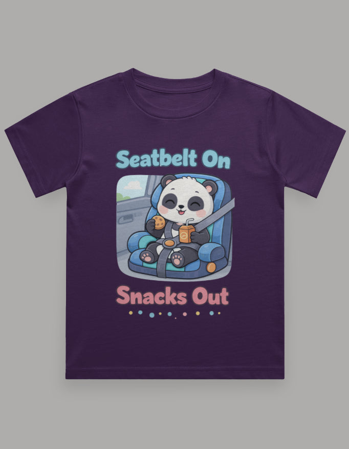 Seatbelt On Snacks Out Kids Roadtrip Travel T Shirt Purple Adventure Hiking Camping Camper Van Beach Cruise Vacation Road Trip Wildlife Safari Wanderlust Explorer Nature Lover Mountain Outdoor Adventure Travel Vacation Camping Campfire Graphic Quote T shirt