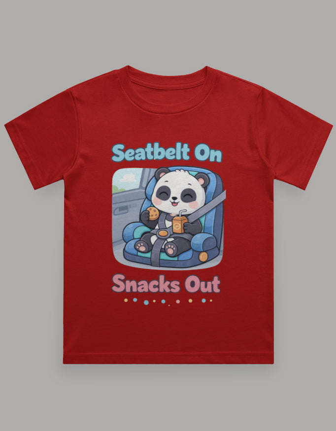 Seatbelt On Snacks Out Kids Roadtrip Travel T Shirt Red Adventure Hiking Camping Camper Van Beach Cruise Vacation Road Trip Wildlife Safari Wanderlust Explorer Nature Lover Mountain Outdoor Adventure Travel Vacation Camping Campfire Graphic Quote T shirt