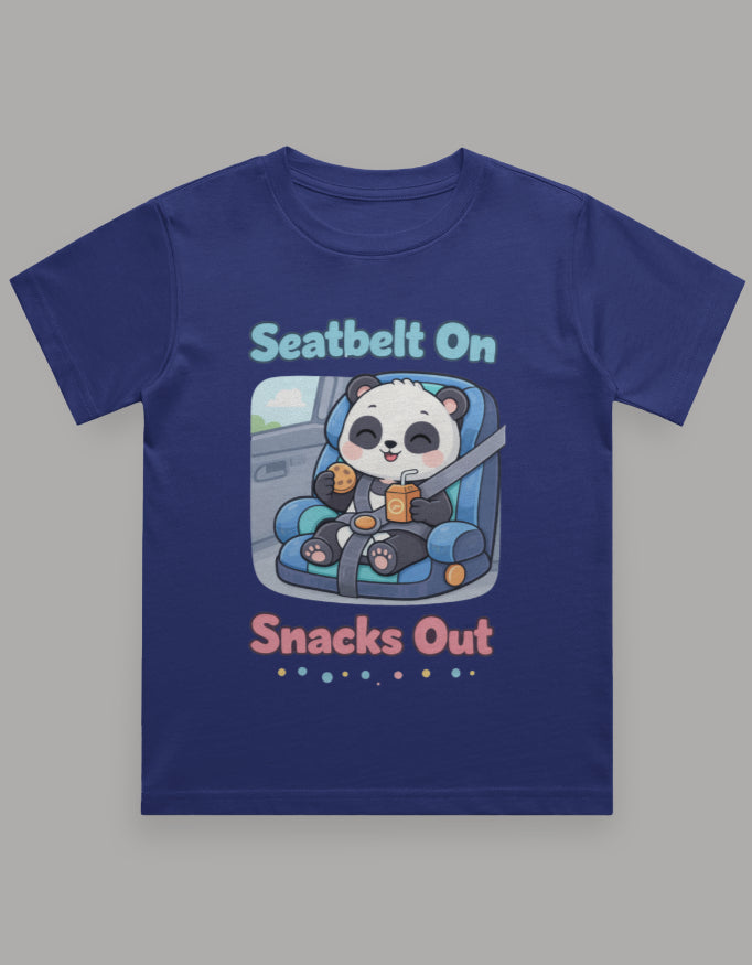 Seatbelt On Snacks Out Kids Roadtrip Travel T Shirt Royal Blue Adventure Hiking Camping Camper Van Beach Cruise Vacation Road Trip Wildlife Safari Wanderlust Explorer Nature Lover Mountain Outdoor Adventure Travel Vacation Camping Campfire Graphic Quote T shirt