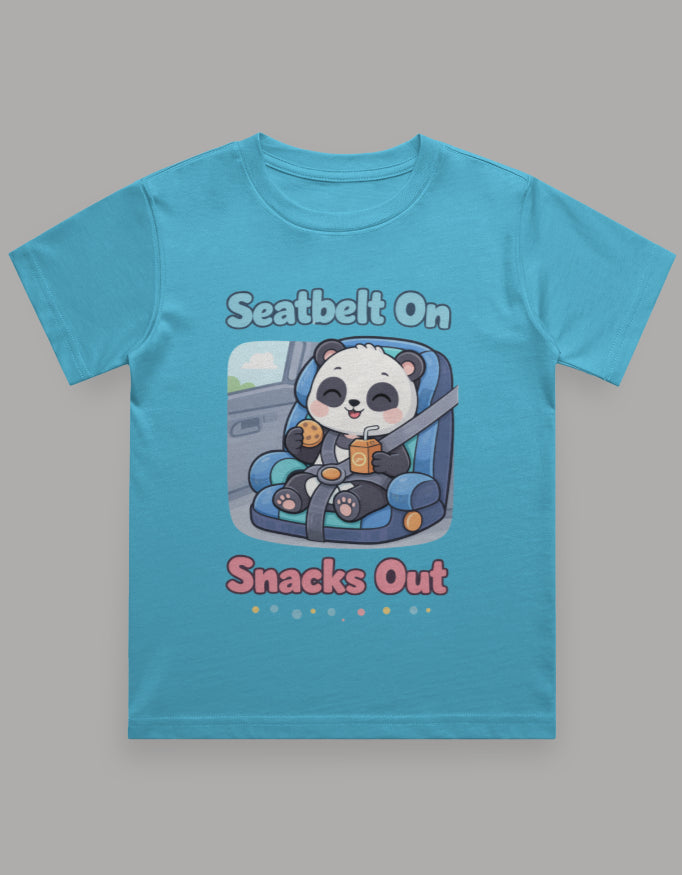 Seatbelt On Snacks Out Kids Roadtrip Travel T Shirt Sky Blue Adventure Hiking Camping Camper Van Beach Cruise Vacation Road Trip Wildlife Safari Wanderlust Explorer Nature Lover Mountain Outdoor Adventure Travel Vacation Camping Campfire Graphic Quote T shirt