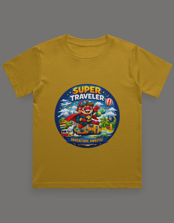 Super Traveler Adventure Awaits Travel T shirt Mustard Yellow Adventure Hiking Camping Camper Van Beach Cruise Vacation Road Trip Wildlife Safari Wanderlust Explorer Nature Lover Mountain Outdoor Adventure Travel Vacation Camping Campfire Graphic Quote T shirt