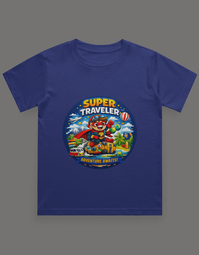 Super Traveler Adventure Awaits Travel T shirt Royal Blue Adventure Hiking Camping Camper Van Beach Cruise Vacation Road Trip Wildlife Safari Wanderlust Explorer Nature Lover Mountain Outdoor Adventure Travel Vacation Camping Campfire Graphic Quote T shirt
