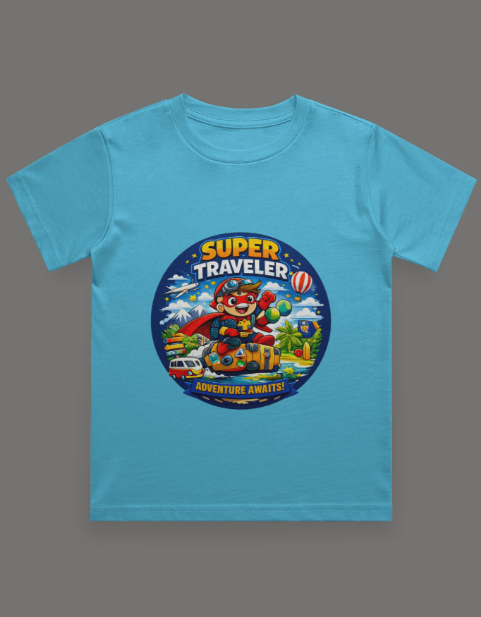 Super Traveler Adventure Awaits Travel T shirt Sky Blue Adventure Hiking Camping Camper Van Beach Cruise Vacation Road Trip Wildlife Safari Wanderlust Explorer Nature Lover Mountain Outdoor Adventure Travel Vacation Camping Campfire Graphic Quote T shirt