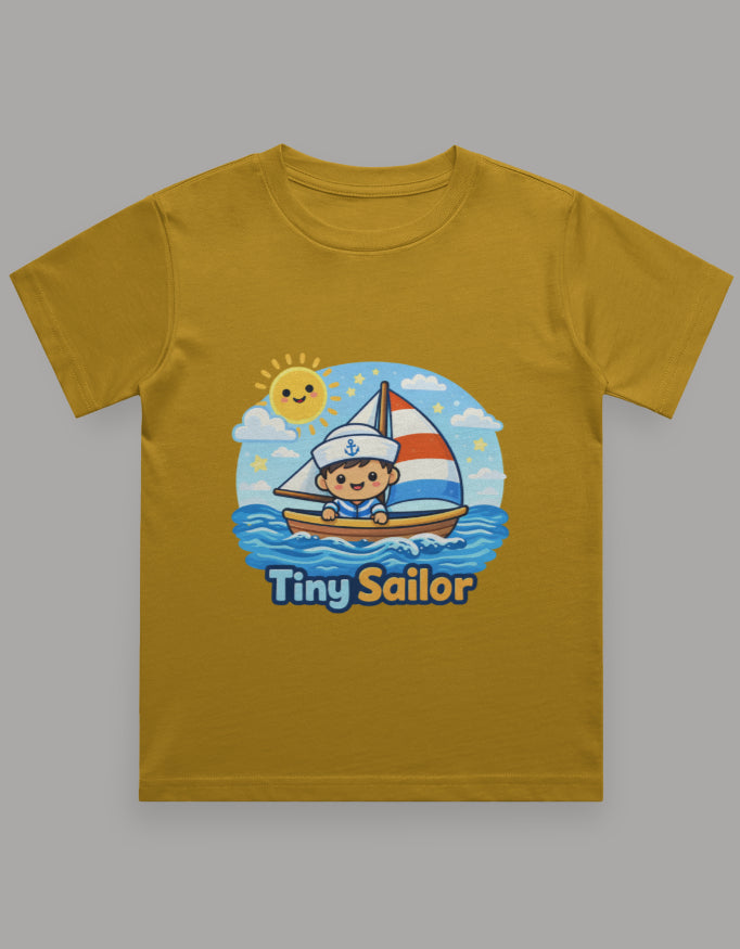 Tiny Sailor Kids Beach Cruise Vacation Traval T Shirt Mustard Yellow Adventure Hiking Camping Camper Van Beach Cruise Vacation Road Trip Wildlife Safari Wanderlust Explorer Nature Lover Mountain Outdoor Adventure Travel Vacation Camping Campfire Graphic Quote T shirt
