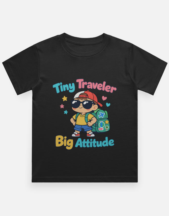 Tiny Traveler Big Attitude - Boy Kids Travel T Shirt Black Adventure Hiking Camping Camper Van Beach Cruise Vacation Road Trip Wildlife Safari Wanderlust Explorer Nature Lover Mountain Outdoor Adventure Travel Vacation Camping Campfire Graphic Quote T shirt