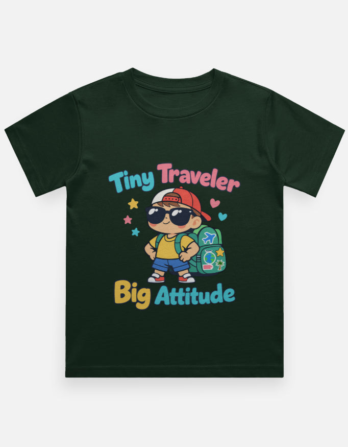 Tiny Traveler Big Attitude - Boy Kids Travel T Shirt Bottle Green Adventure Hiking Camping Camper Van Beach Cruise Vacation Road Trip Wildlife Safari Wanderlust Explorer Nature Lover Mountain Outdoor Adventure Travel Vacation Camping Campfire Graphic Quote T shirt