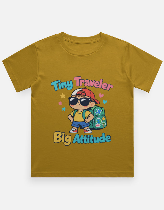 Tiny Traveler Big Attitude - Boy Kids Travel T Shirt Mustard Yellow Adventure Hiking Camping Camper Van Beach Cruise Vacation Road Trip Wildlife Safari Wanderlust Explorer Nature Lover Mountain Outdoor Adventure Travel Vacation Camping Campfire Graphic Quote T shirt