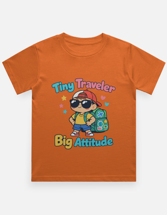 Tiny Traveler Big Attitude - Boy Kids Travel T Shirt Orange Adventure Hiking Camping Camper Van Beach Cruise Vacation Road Trip Wildlife Safari Wanderlust Explorer Nature Lover Mountain Outdoor Adventure Travel Vacation Camping Campfire Graphic Quote T shirt